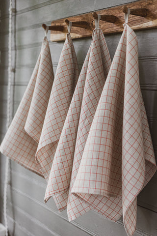 Tea Towels Set of 2 In Natural Red Checks TT50x70 Old Linen Mill