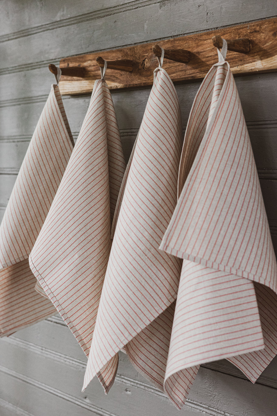 Tea Towels Set of 2 In Natural Small Red Stripes TT50x70 Old Linen Mill