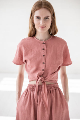 Tie Shirt Linen Short Blouse Old Linen Mill 