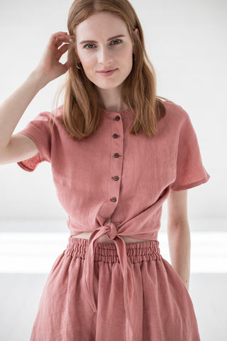Tie Shirt Linen Short Blouse Old Linen Mill 