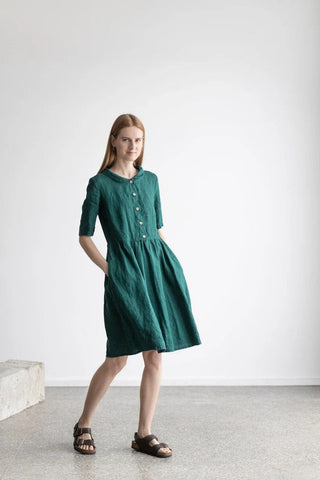 Vintage Style Linen Collared Dress Old Linen Mill Dark Forest XS 