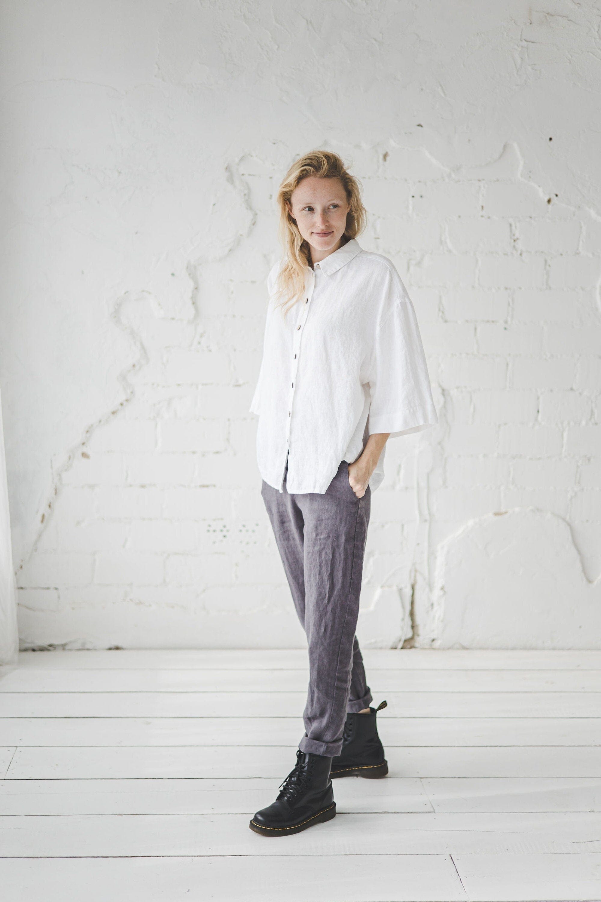 Wide Sleeves Linen Shirt Old Linen Mill Small Grey Checks XS/S 