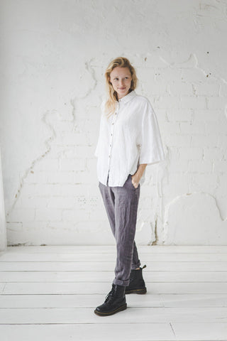 Wide Sleeves Linen Shirt Old Linen Mill Small Grey Checks XS/S 