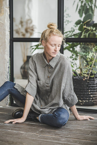 Wide Sleeves Linen Shirts Old Linen Mill Small Grey Checks 