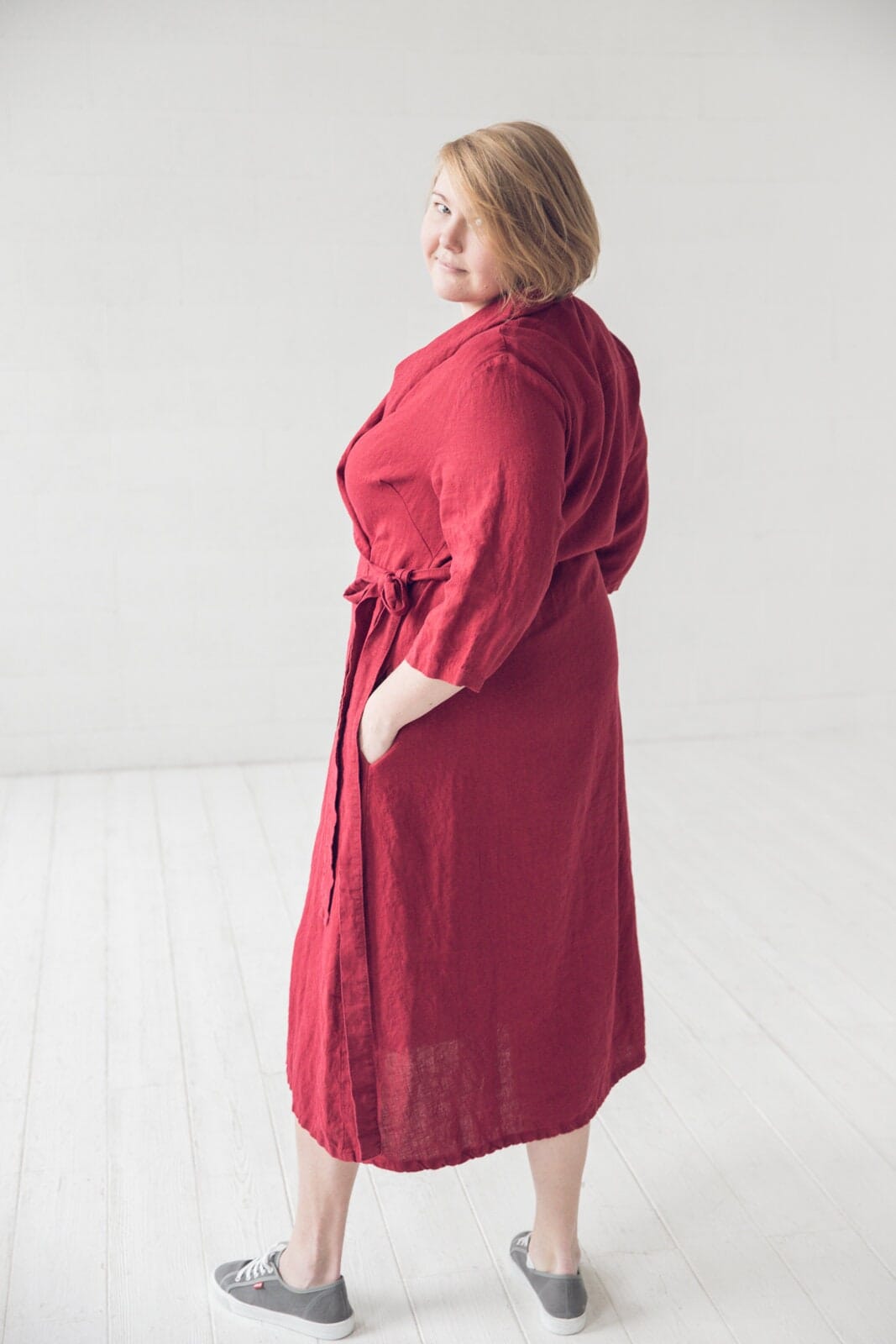 Wrap Linen Long Robe Dress Old Linen Mill Ruby Red 3XL 