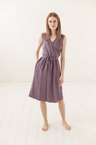 Wrap Linen Sleeveless Dress Old Linen Mill Small Grey Checks XS/S 